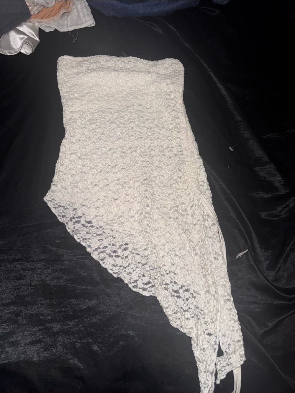 White Crochet Asymmetrical Strapless Crop Top